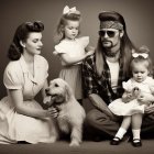 Monochromatic vintage family portrait with parents, girls, dog & kitten