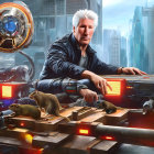 Silver-Haired Man DJing with Futuristic Equipment in City Skyline