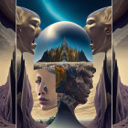 Surreal artwork: Duplicated human faces in archway with solitary figure on desert landscape