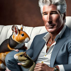 Silver-haired man in blue suit with two guinea pigs