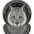 Monochromatic Tiger Head Illustration with Ornate Floral Motifs