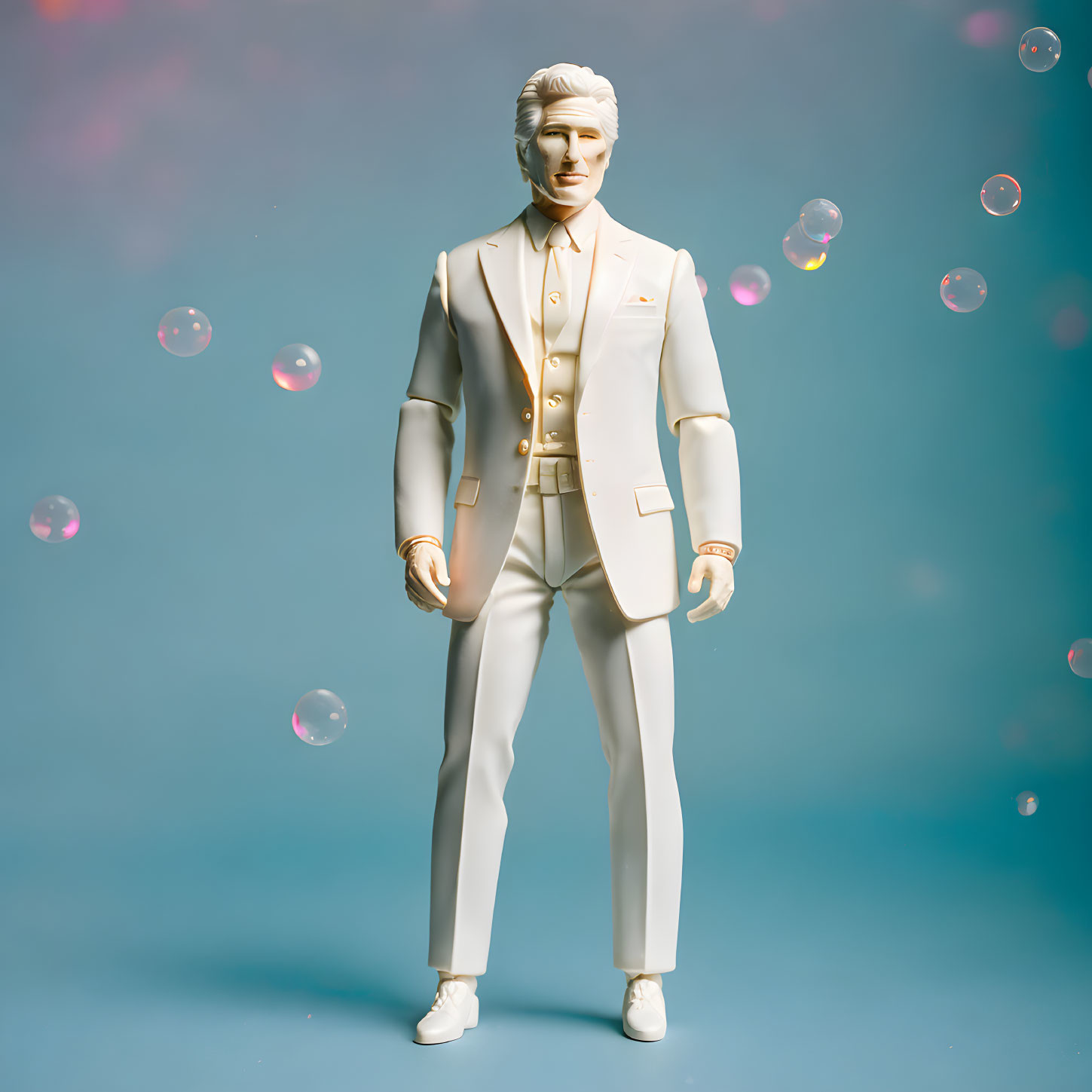 Man Figurine in White Suit with Gold Accents on Blue Background with Bubbles