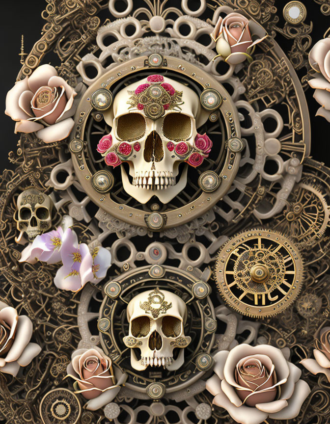 Golden skull with mechanical gears and roses on dark background