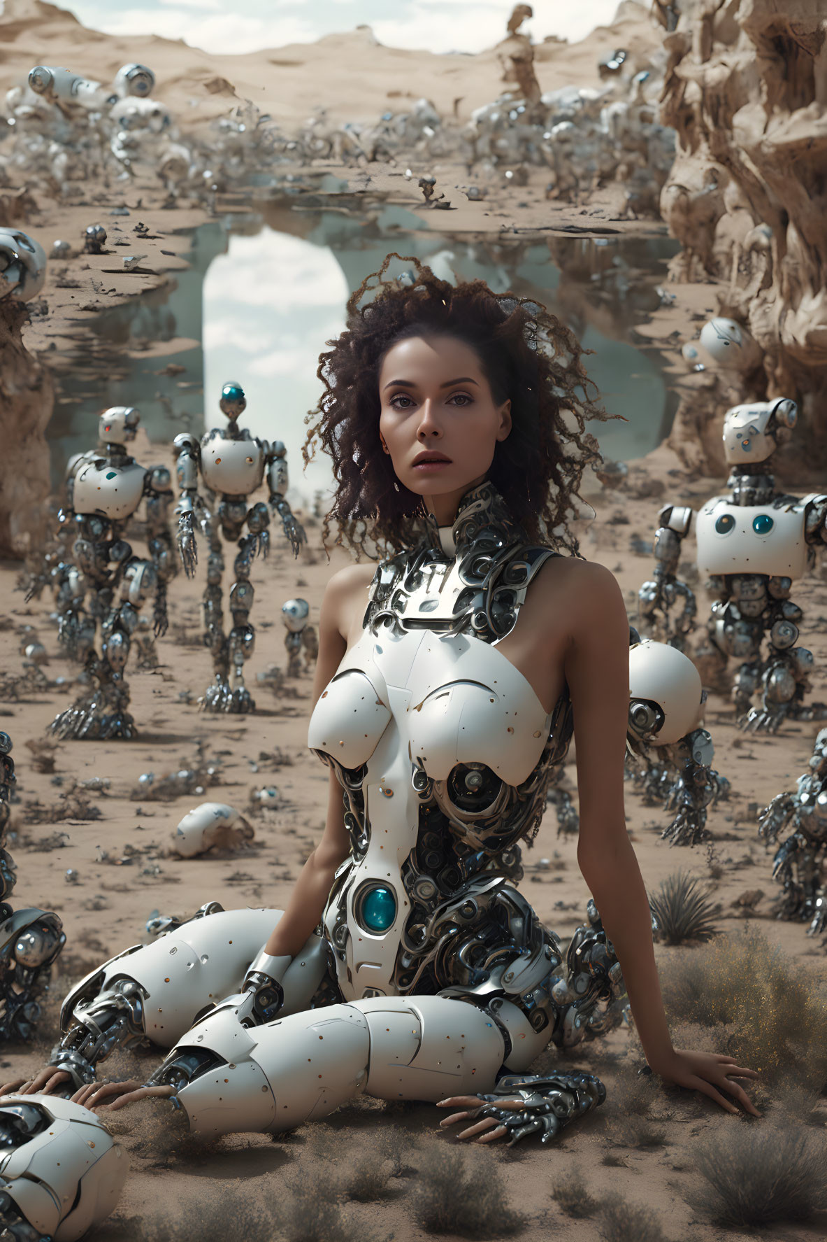 Female cyborg in futuristic desert scene with walking robots and still water.