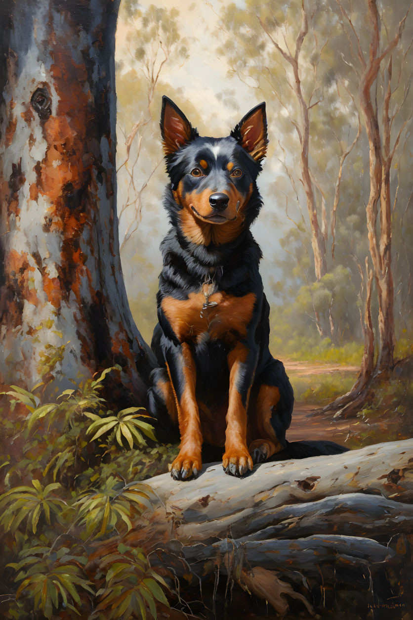 Realistic painting: Black and tan dog on log in sunlit forest with eucalyptus