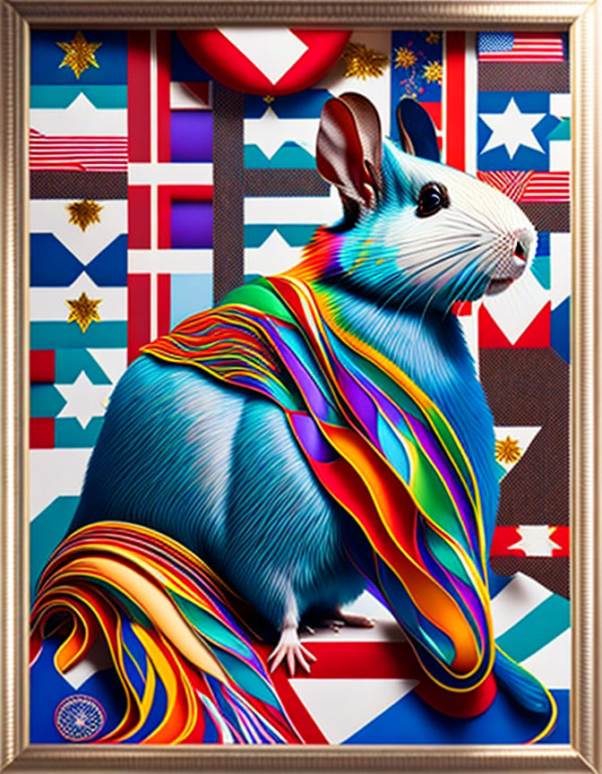 Colorful digital artwork of a mouse with flowing ribbons against flags in decorative frame