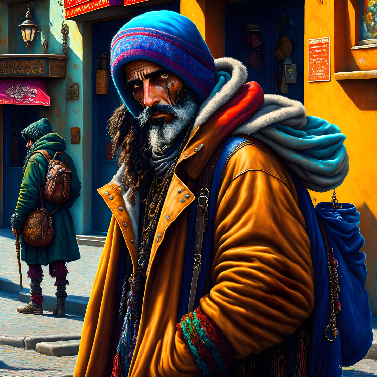 Bearded person in colorful attire with blue headwrap and leather jacket in front of yellow building