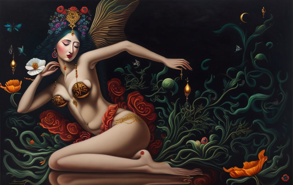 Surrealist painting of winged woman in opulent headgear amidst swirling flora and marine elements