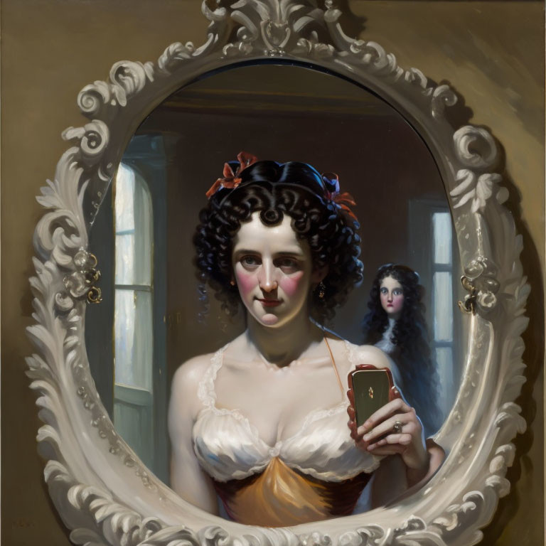 Vintage dress woman poses with smartphone in front of oval mirror