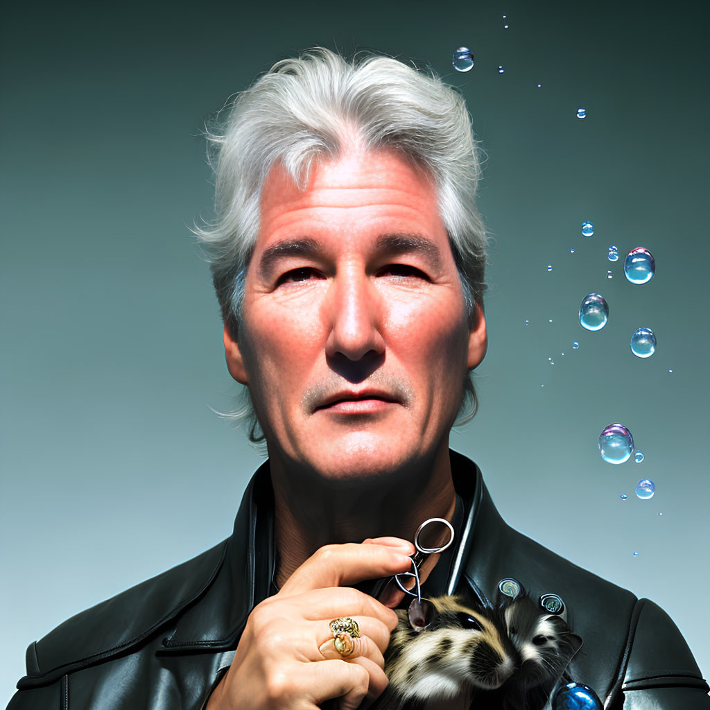 Elderly man in white hair and leather jacket with bubbles and striped animal.