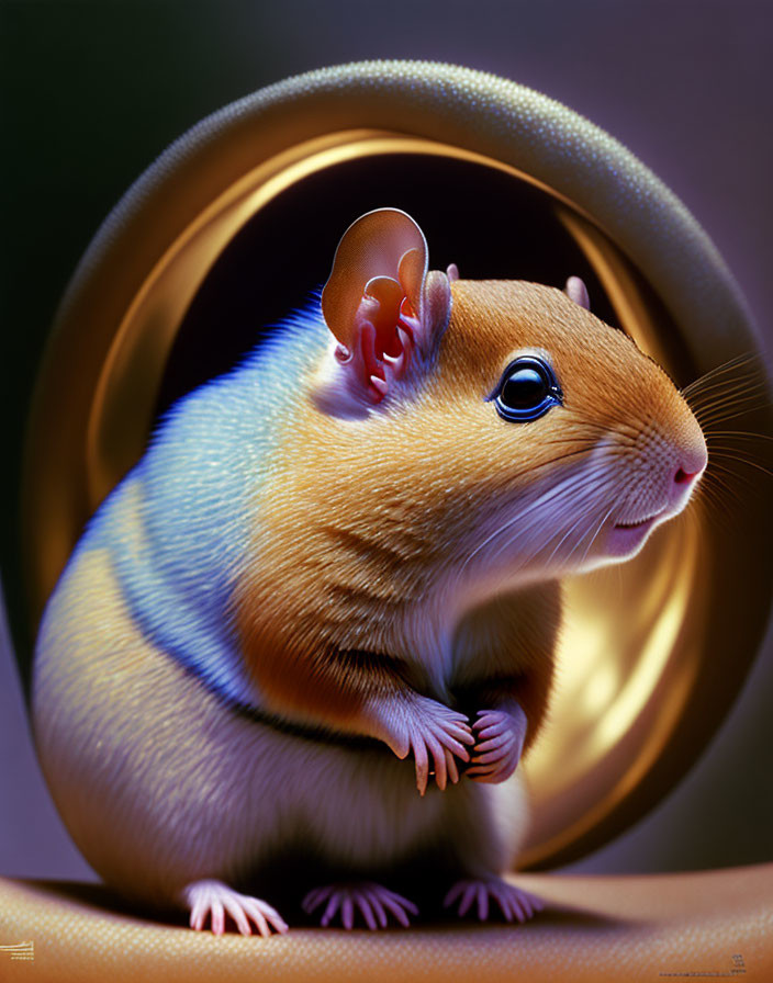 Illustration of plump mouse in golden ring on gradient background