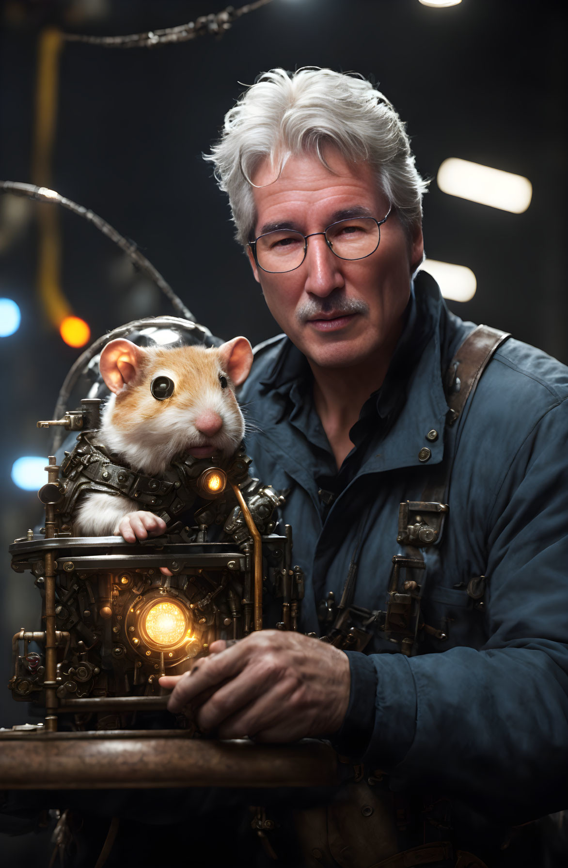 Silver-haired man with glasses tinkers on steampunk-style mechanical device with guinea pig.