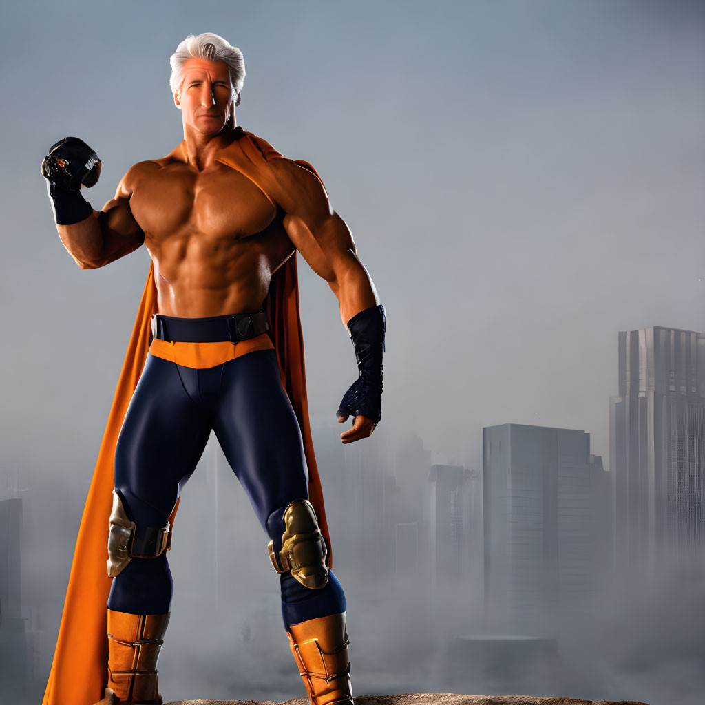 Muscular animated superhero with silver hair, blue suit, orange cape, and gloves in misty city