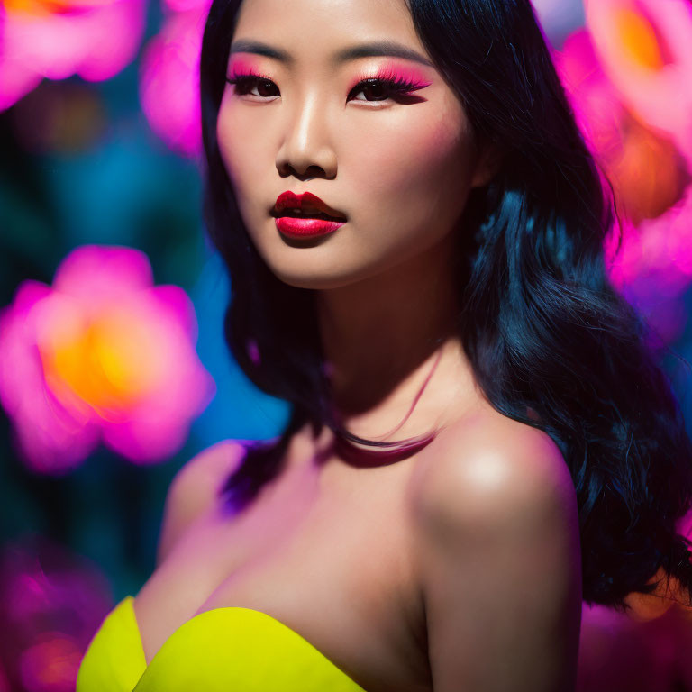 Bold Makeup Woman Stands Out Among Pink Flowers