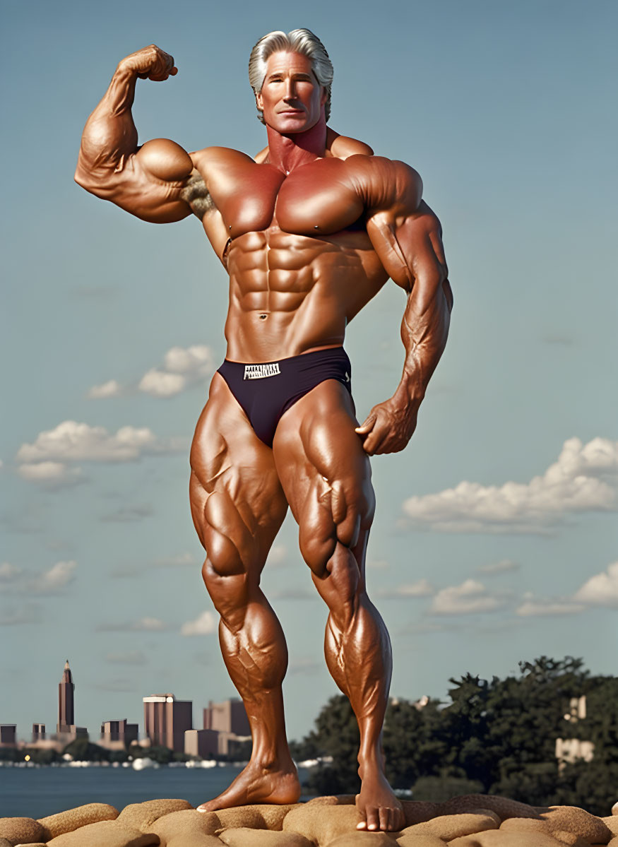 Muscular bodybuilder in maroon briefs flexing against city skyline