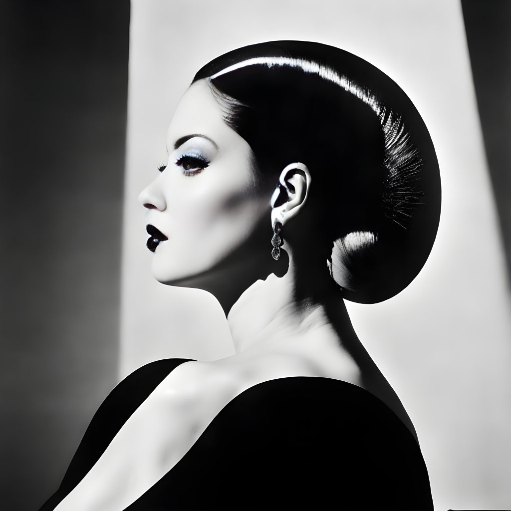 Monochrome profile portrait of woman with elegant makeup and sleek bun