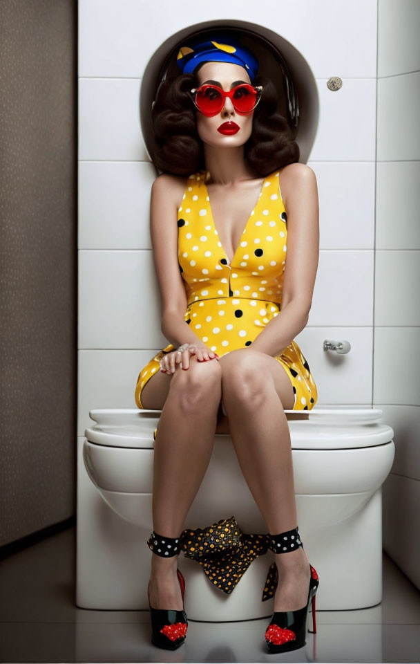 Woman in Retro Yellow Polka Dot Dress and Red Sunglasses on Toilet