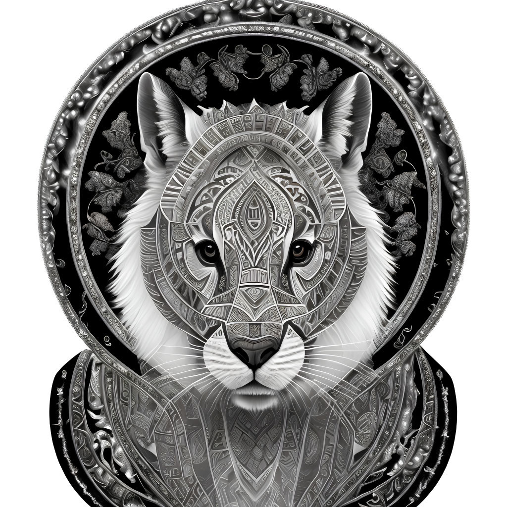 Monochromatic Tiger Head Illustration with Ornate Floral Motifs