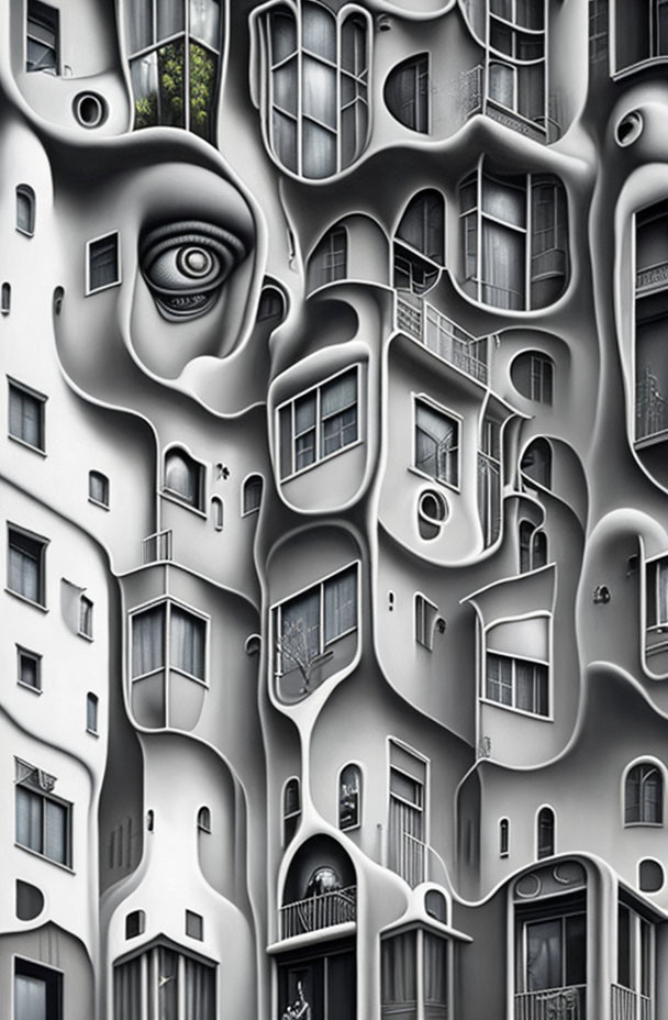 Surreal artwork: Distorted building facade with human facial features