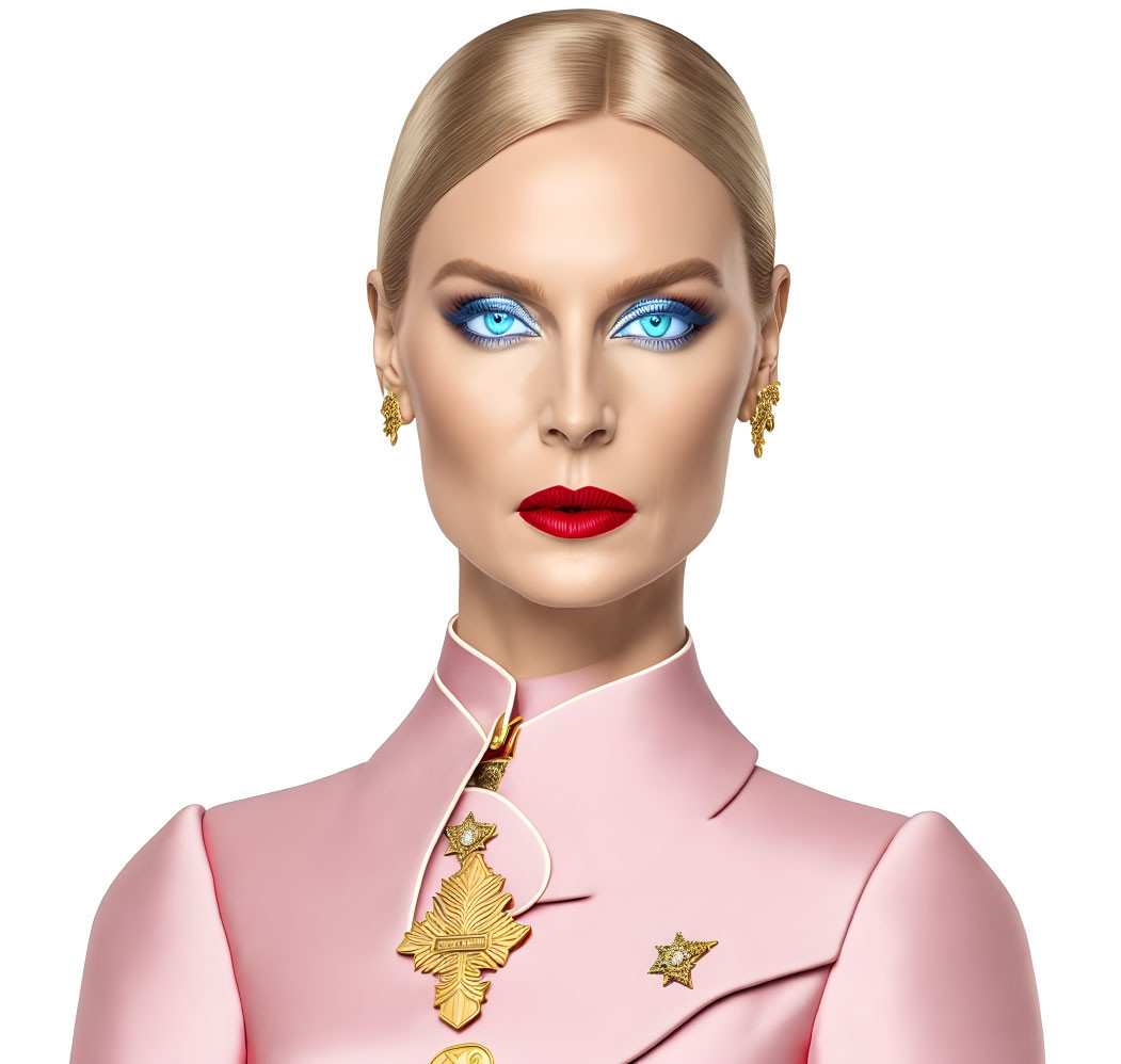 Digital illustration of woman with blue eyes, blonde hair, red lipstick, pink outfit, gold star and