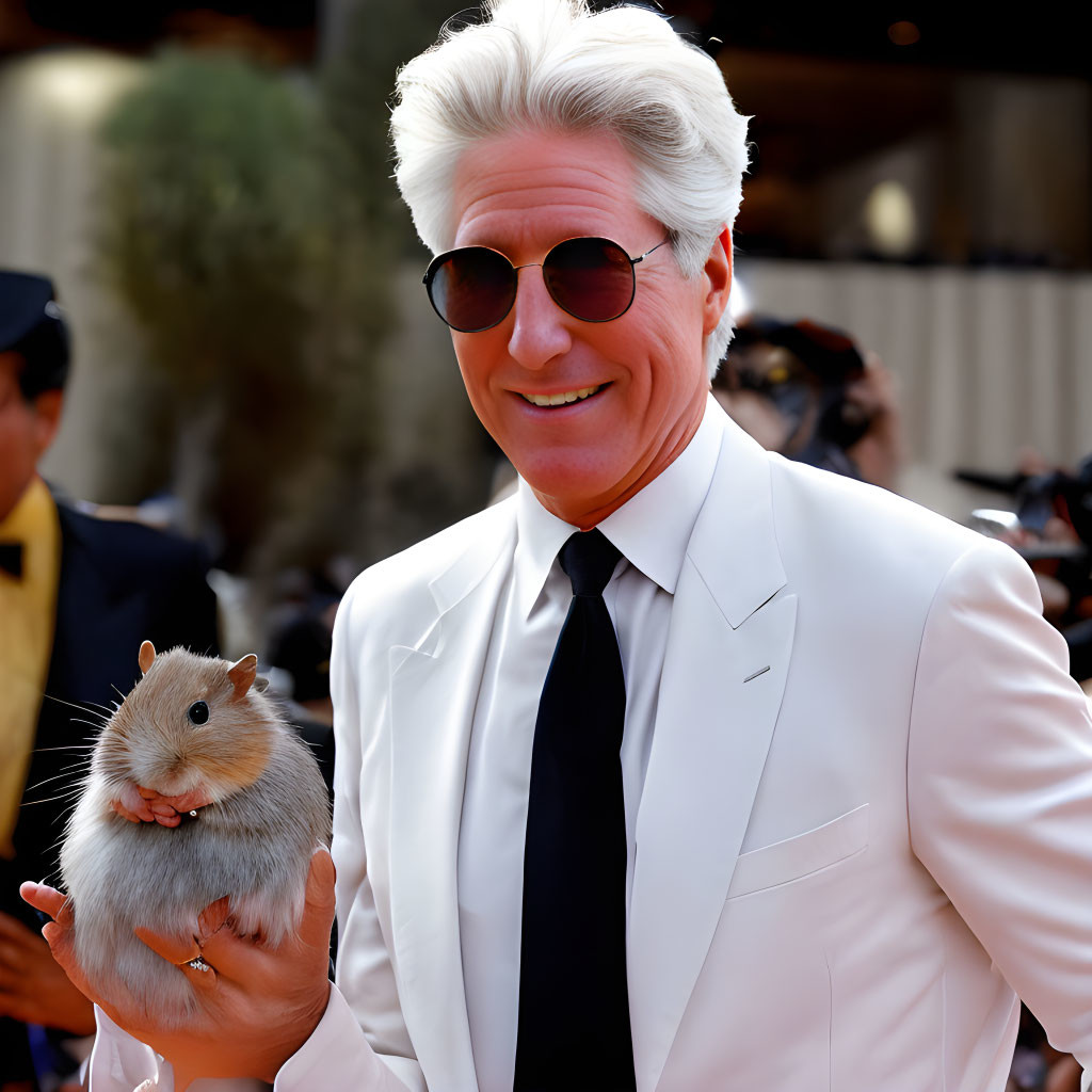 Silver-Haired Man in White Suit Smiling with Cute Hamster