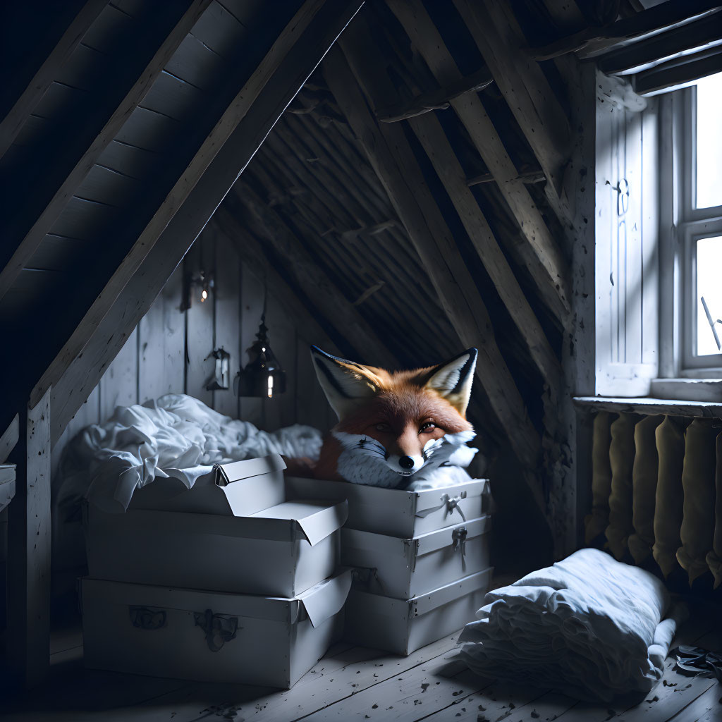 Fox peeking from metal boxes in cozy attic room with lantern and soft natural light