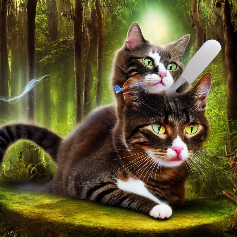 Photoshopped image of two cats in a forest with one holding a knife.