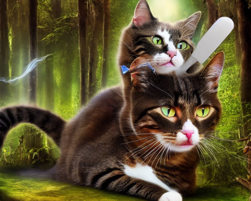 Photoshopped image of two cats in a forest with one holding a knife.