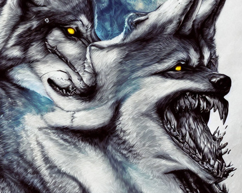 Detailed illustration of three snarling wolves with yellow eyes on blue background