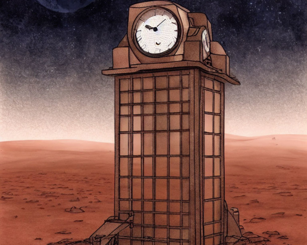 Clock-faced building on Martian landscape with Earth in sky