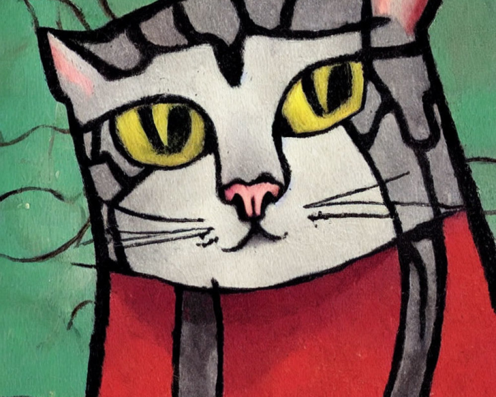 Detailed close-up of gray striped cat with yellow eyes and pink nose in red outfit