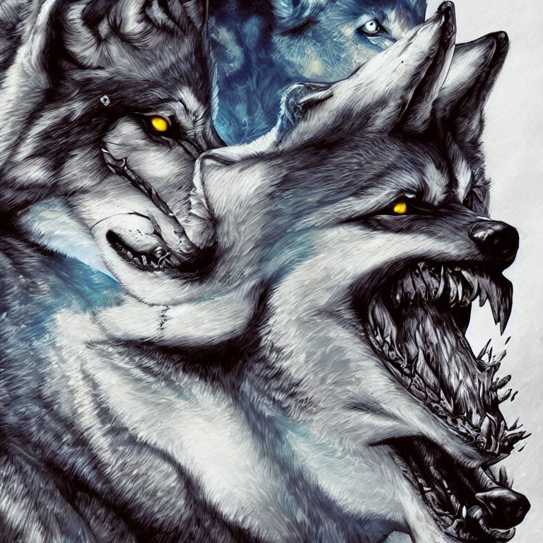 Detailed illustration of three snarling wolves with yellow eyes on blue background