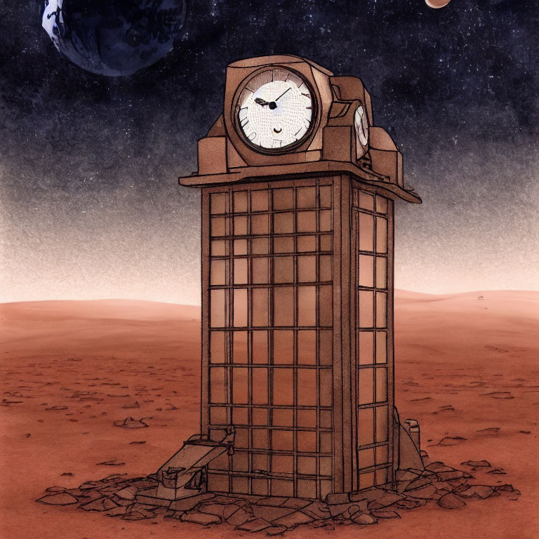 Clock-faced building on Martian landscape with Earth in sky