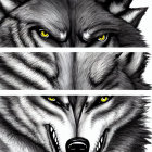 Detailed illustration of three snarling wolves with yellow eyes on blue background