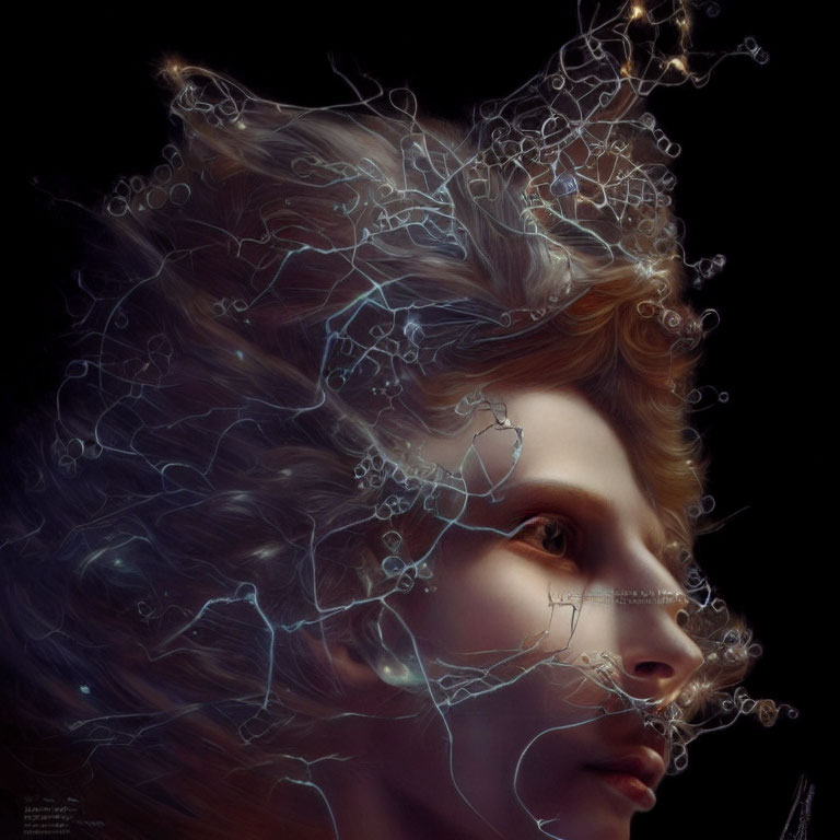 Surreal portrait of person with flowing hair and glowing threads