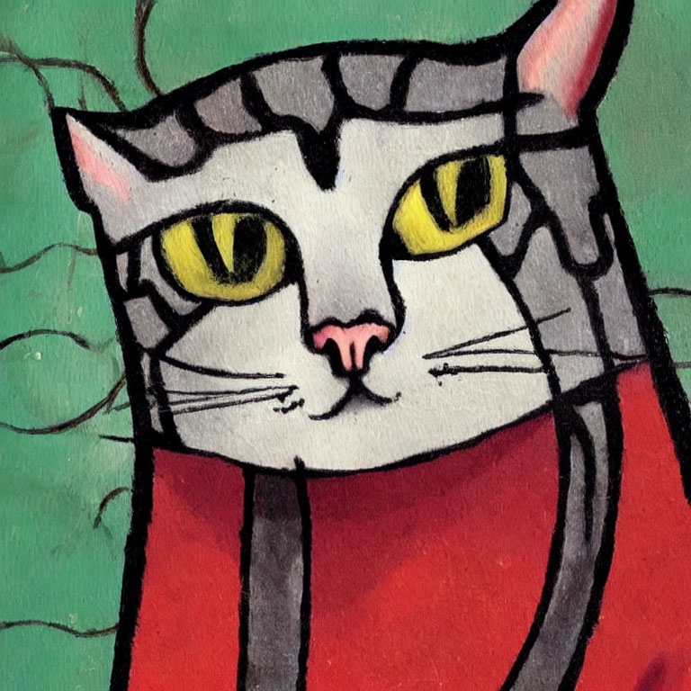 Detailed close-up of gray striped cat with yellow eyes and pink nose in red outfit