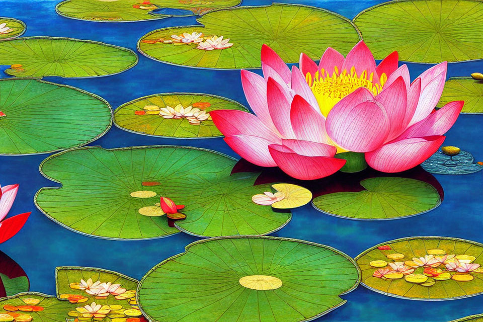 Pink Lotus Blooms Among Green Lily Pads on Blue Water