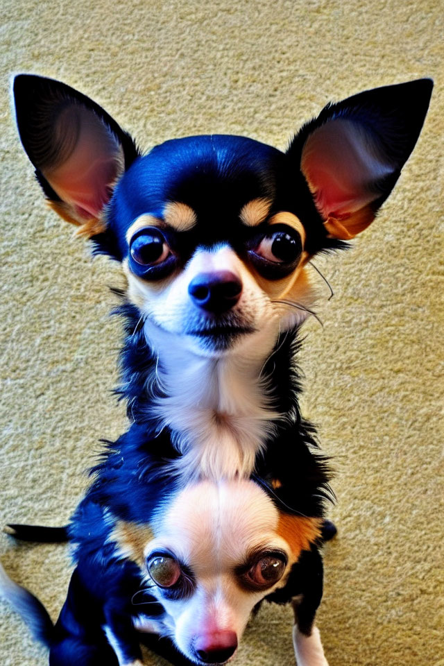 Two Chihuahuas with Large, Perky Ears on Textured Yellow Background