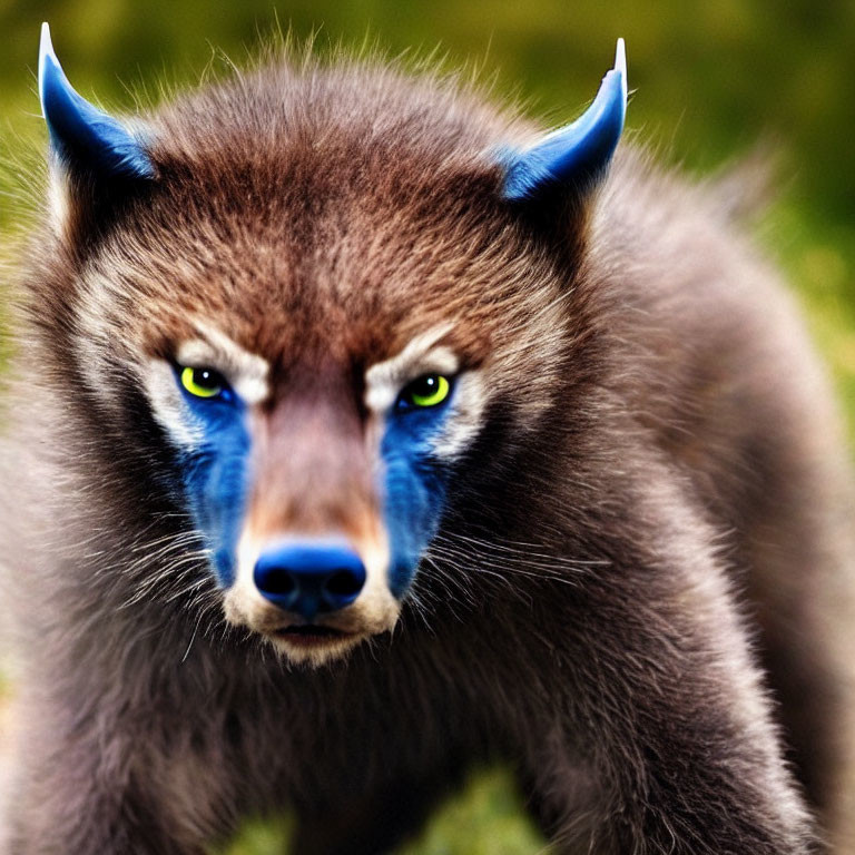 Digitally altered animal with bear-like body, blue eyes, and horn-like ears