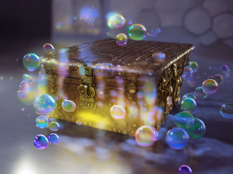 Glowing ornate treasure chest with iridescent soap bubbles