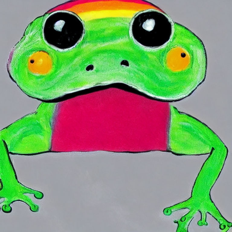 Vibrant hand-drawn cartoon frog with rainbow stripe and large eyes