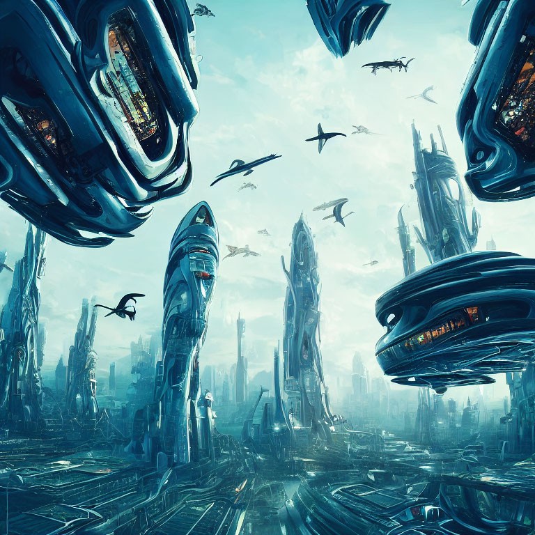 Futuristic cityscape with skyscrapers, flying vehicles, and bird-like creatures