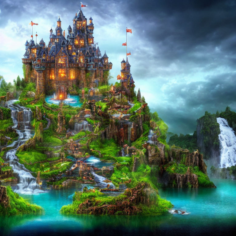 Digital artwork: Grand castle on lush cliffs with waterfalls & blue lake