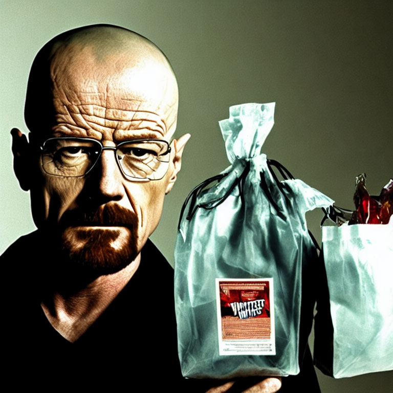 Man with glasses and goatee holding plastic bags on gray background