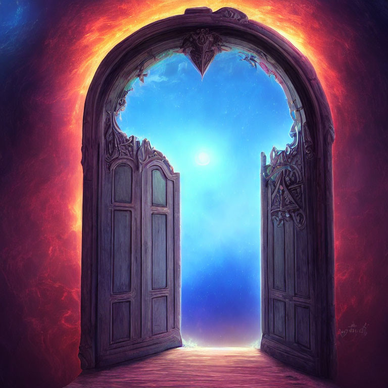 Ornate door to mystical realm under glowing moon and starry sky