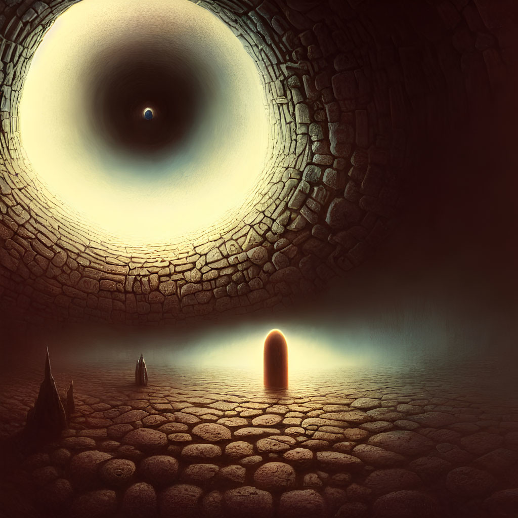 Surreal image of glowing doorway in circular stone chamber