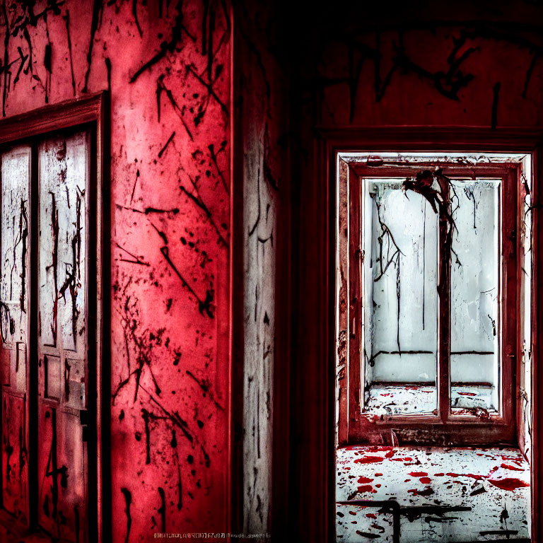 Graffiti-covered red wall and mirror in decrepit setting