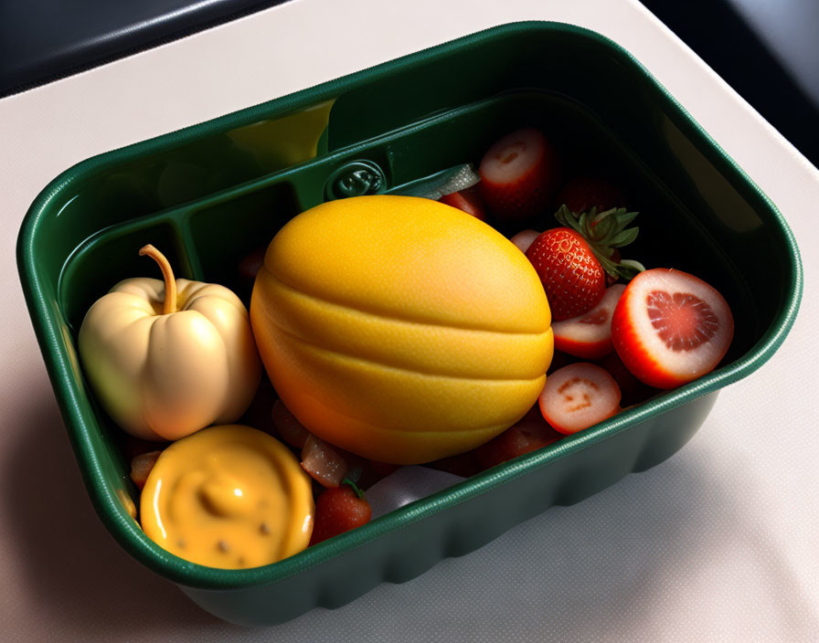 Fresh fruit and sauce in lunchbox - melon, strawberries, tomato.