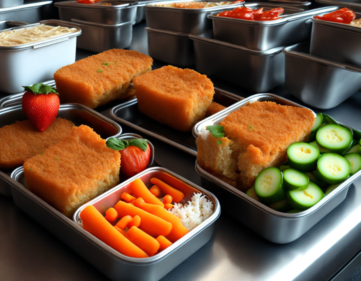 Meal Prep Containers with Fish, Rice, Veggies, and Fruit on Metal Surface