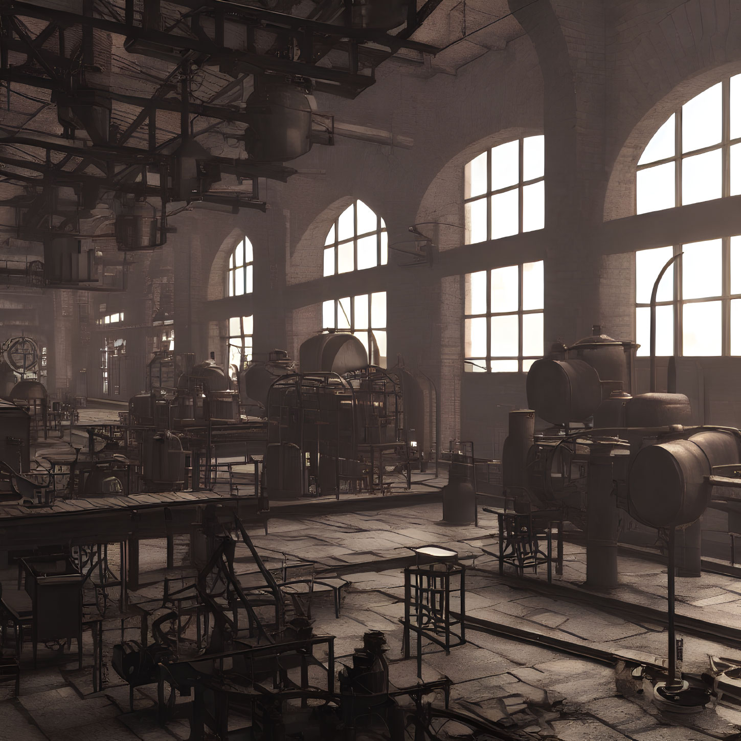 Industrial interior with large arched windows, vintage machinery, distillation tanks, and pipes under hanging lights